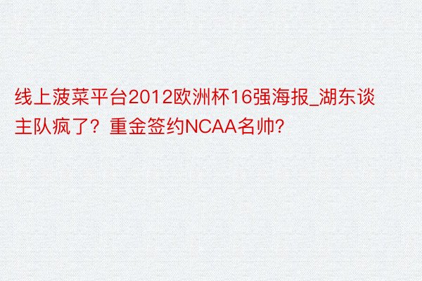 线上菠菜平台2012欧洲杯16强海报_湖东谈主队疯了？重金签约NCAA名帅？