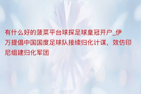 有什么好的菠菜平台球探足球皇冠开户_伊万提倡中国国度足球队接续归化计谋，效仿印尼组建归化军团